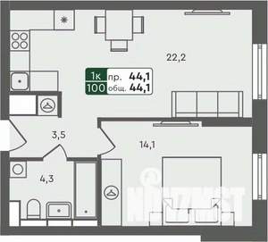 1-к квартира, строящийся дом, 44м2, 3/7 этаж