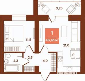 1-к квартира, строящийся дом, 47м2, 4/9 этаж