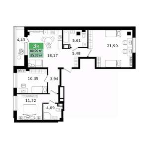 3-к квартира, вторичка, 85м2, 6/12 этаж