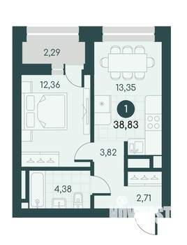 1-к квартира, вторичка, 39м2, 3/12 этаж