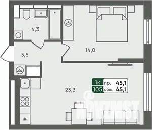 1-к квартира, строящийся дом, 45м2, 3/7 этаж