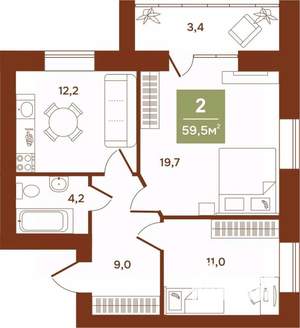 2-к квартира, строящийся дом, 60м2, 9/9 этаж