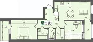 2-к квартира, строящийся дом, 72м2, 2/7 этаж
