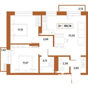 2-к квартира, строящийся дом, 60м2, 4/14 этаж