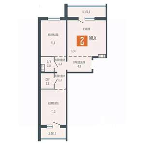 2-к квартира, вторичка, 59м2, 7/10 этаж