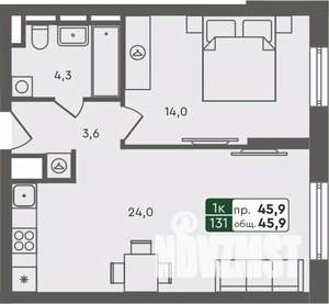 1-к квартира, строящийся дом, 46м2, 2/7 этаж