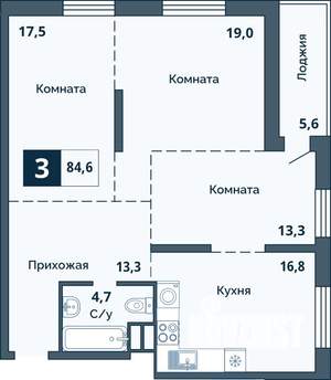 3-к квартира, сданный дом, 85м2, 4/19 этаж