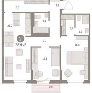 2-к квартира, вторичка, 87м2, 6/15 этаж