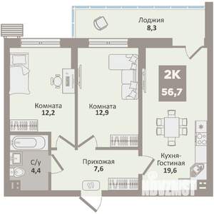 2-к квартира, вторичка, 57м2, 9/9 этаж
