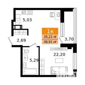 1-к квартира, вторичка, 39м2, 2/12 этаж