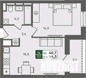 1-к квартира, строящийся дом, 44м2, 6/7 этаж