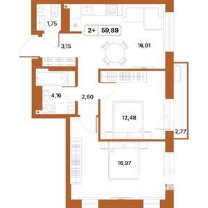 2-к квартира, строящийся дом, 60м2, 10/14 этаж