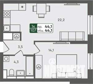 1-к квартира, строящийся дом, 44м2, 2/7 этаж