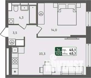 1-к квартира, строящийся дом, 45м2, 4/7 этаж