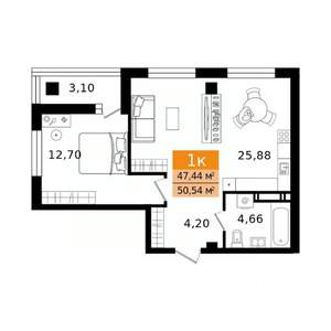 2-к квартира, вторичка, 51м2, 4/16 этаж