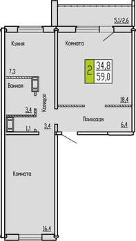 2-к квартира, строящийся дом, 59м2, 7/10 этаж