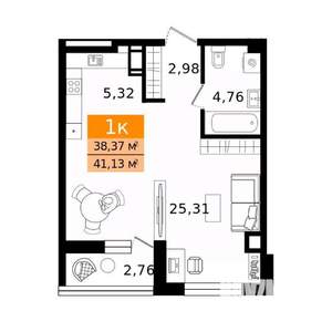 1-к квартира, вторичка, 41м2, 5/12 этаж