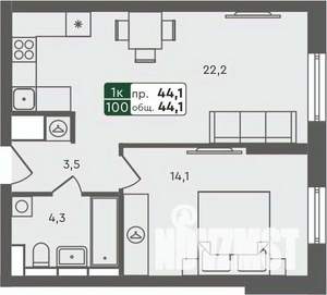 1-к квартира, строящийся дом, 44м2, 5/7 этаж