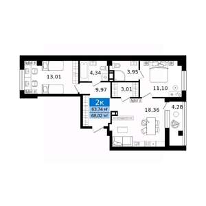 2-к квартира, вторичка, 68м2, 5/12 этаж