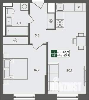 1-к квартира, строящийся дом, 44м2, 3/7 этаж