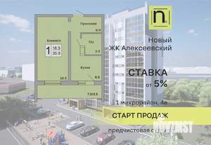 1-к квартира, строящийся дом, 36м2, 6/10 этаж