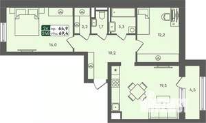 2-к квартира, строящийся дом, 69м2, 6/7 этаж