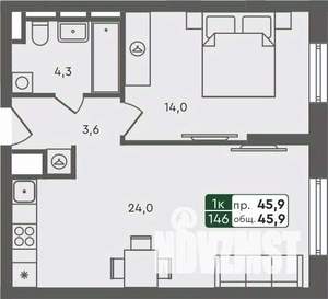 1-к квартира, строящийся дом, 46м2, 5/7 этаж