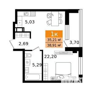 1-к квартира, вторичка, 39м2, 3/12 этаж