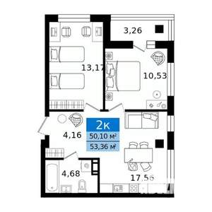 2-к квартира, вторичка, 53м2, 8/8 этаж
