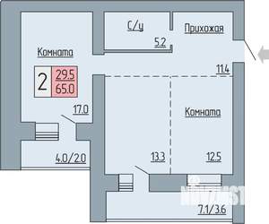 2-к квартира, строящийся дом, 65м2, 1/17 этаж