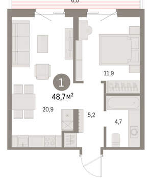 1-к квартира, вторичка, 49м2, 4/15 этаж