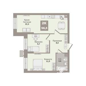 2-к квартира, вторичка, 57м2, 1/9 этаж