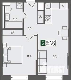 1-к квартира, строящийся дом, 44м2, 5/7 этаж