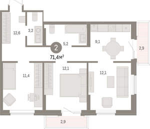 2-к квартира, вторичка, 71м2, 9/15 этаж
