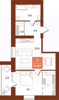 1-к квартира, строящийся дом, 62м2, 4/9 этаж
