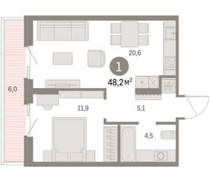 1-к квартира, вторичка, 48м2, 3/15 этаж