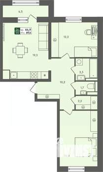 2-к квартира, строящийся дом, 69м2, 6/7 этаж
