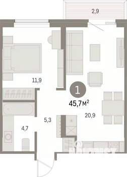 1-к квартира, вторичка, 46м2, 6/9 этаж