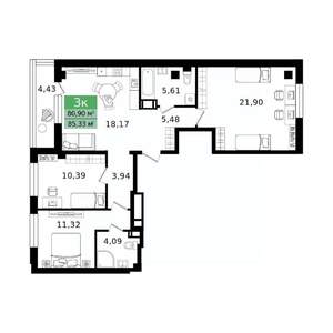 3-к квартира, вторичка, 85м2, 10/12 этаж