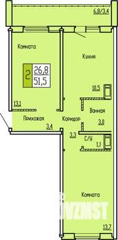 2-к квартира, строящийся дом, 52м2, 7/10 этаж