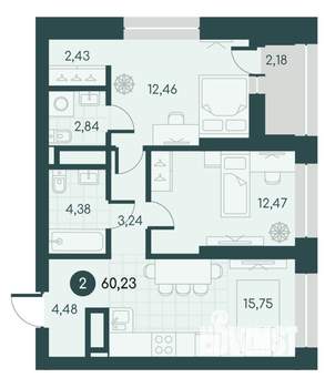 2-к квартира, вторичка, 60м2, 7/12 этаж