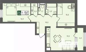 2-к квартира, строящийся дом, 69м2, 5/7 этаж