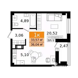 1-к квартира, вторичка, 36м2, 3/12 этаж
