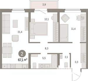 2-к квартира, вторичка, 67м2, 3/15 этаж