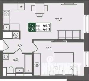 1-к квартира, строящийся дом, 44м2, 4/7 этаж