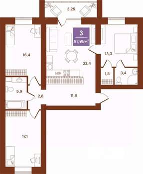 3-к квартира, строящийся дом, 98м2, 1/9 этаж