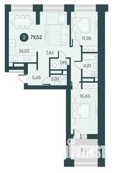 2-к квартира, вторичка, 80м2, 2/12 этаж